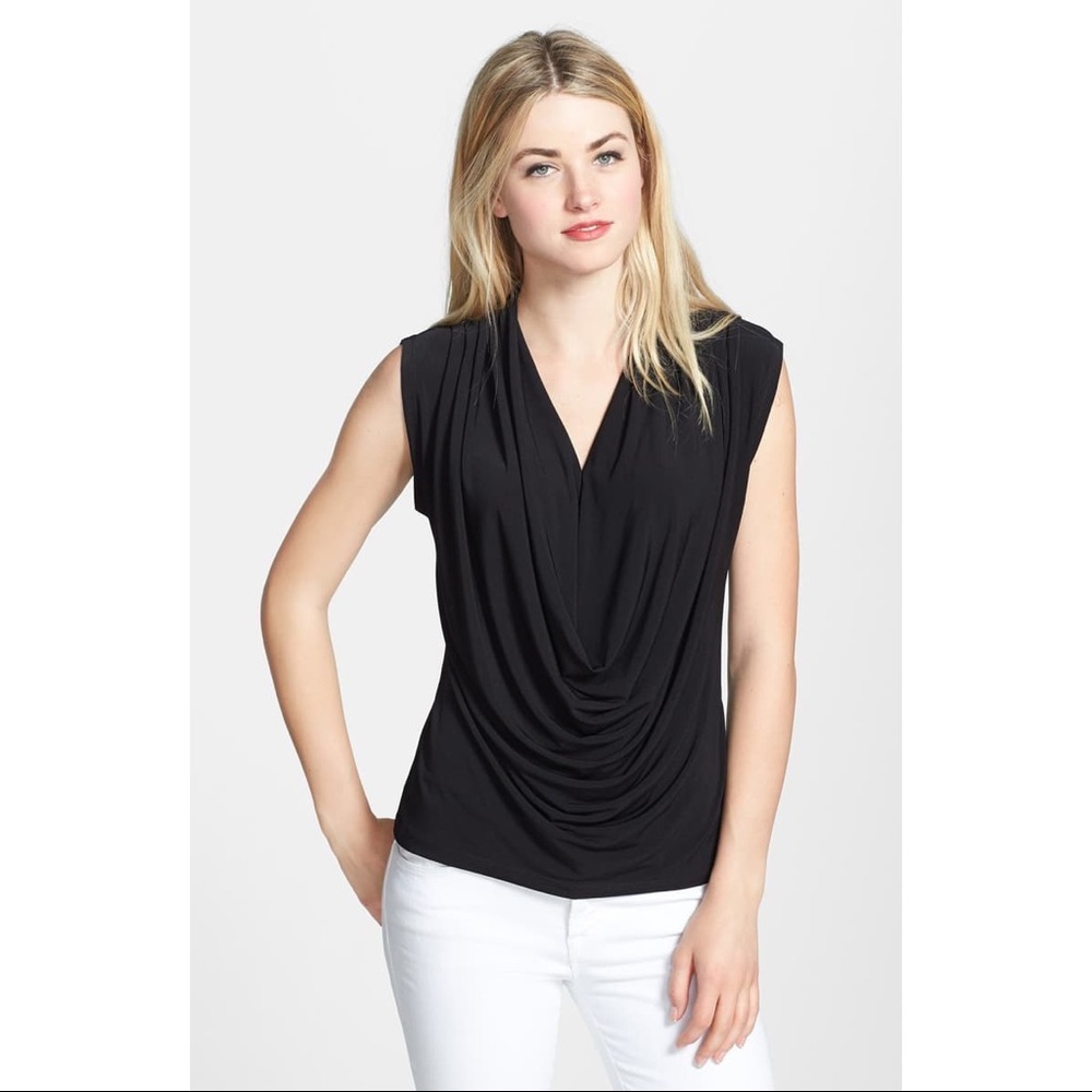 ECI Drape Front Cowl Neck Ivory Stretch Shirt Med